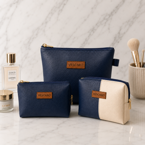 VESCARO Cosmetic Pouch (Beige, Blue)