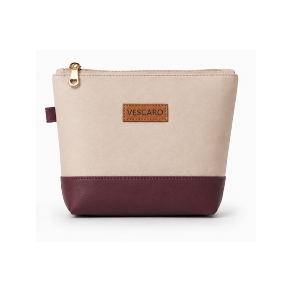 VESCARO Beige-Maroon Bottom designer Medium Pouch Cosmetic Bag