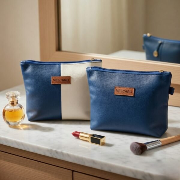 VESCARO Makeup Bag Navy Blue, Navy-Beige Dual tone (Set of 2)
