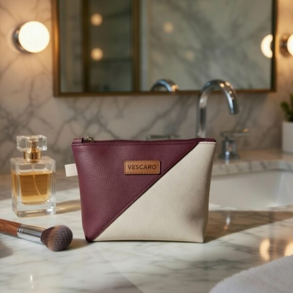 VESCARO Diagnol Designer Maroon/Beige Cosmetic Bag