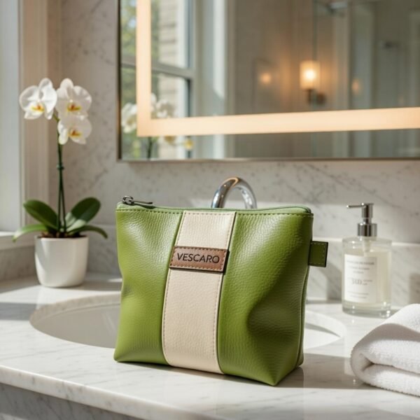 VESCARO Designer Makeup Bag Triple tone Olive green/Beige Pouch